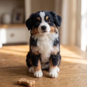 Può includere: Una statuetta di cucciolo di Bovaro del Bernese realizzata in lana infeltrita con pelo nero, bianco e marrone. Il cucciolo ha una macchia bianca sulla fronte, il petto bianco e le zampe bianche. Un piccolo premio in feltro a forma di osso è davanti.