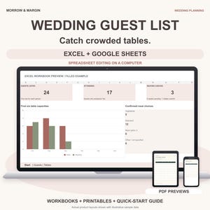 May include: A digital wedding guest list spreadsheet template for Excel and Google Sheets displayed on a laptop, tablet, and smartphone. The screen shows data visualizations, guest counts, and meal choices with the text Wedding Guest List.