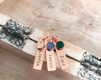 Rose Gold Birthstone Necklace, Vertical Bar Necklace, New Mom Gift, Personalized Grandma Necklace, Mom Jewelry, Gift for Nana, Mimi Necklace