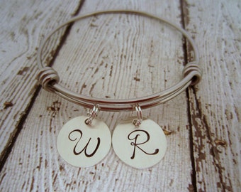 Silver Initial Bracelet, Initial Jewelry, Initial Bracelets, Initial Charms, Personalized Jewelry, Initial Bangle Bracelet, Silver Bracelet