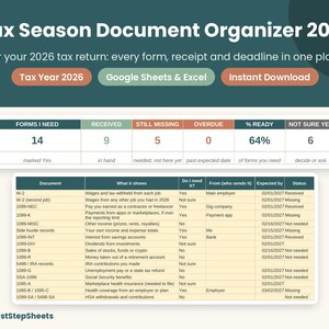 May include: Tax Season Document Organizer 2027 digital template for 2026 tax returns. Includes a dashboard tracking forms, received, missing, and overdue items, plus a detailed table listing documents like W-2, 1099-NEC, and 1099-INT.