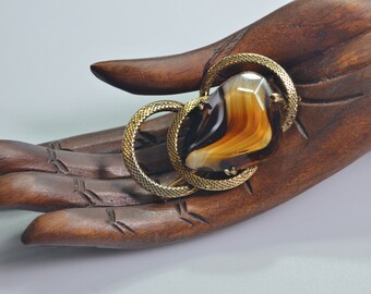 Stunning Free-Form Pin Brooch Unusual Amber Banded Agate or Simulated Stone jb24-12