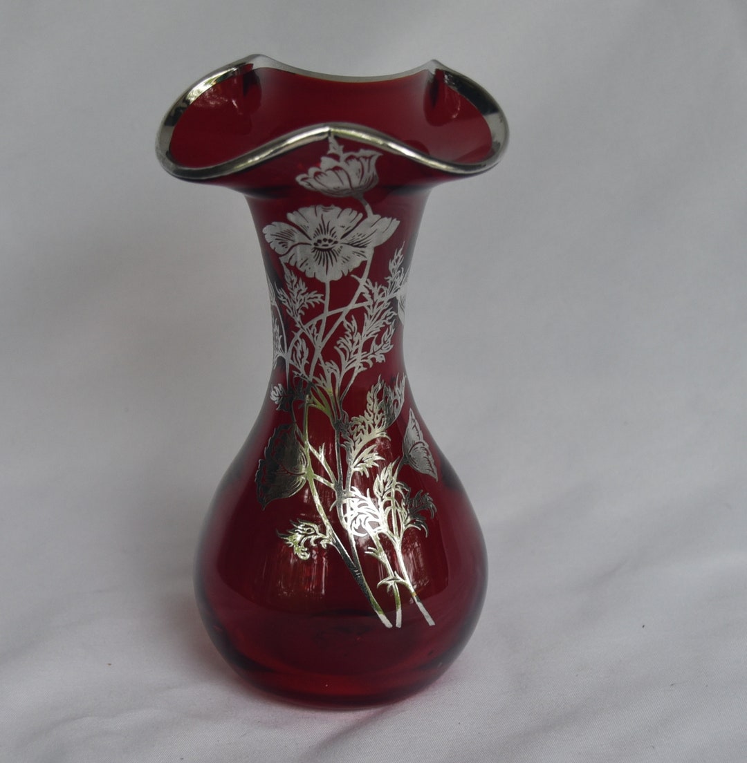 Vase Ruby Red Glass Vase Sterling on Crystal Silver Overlay 6.75 Tall ...