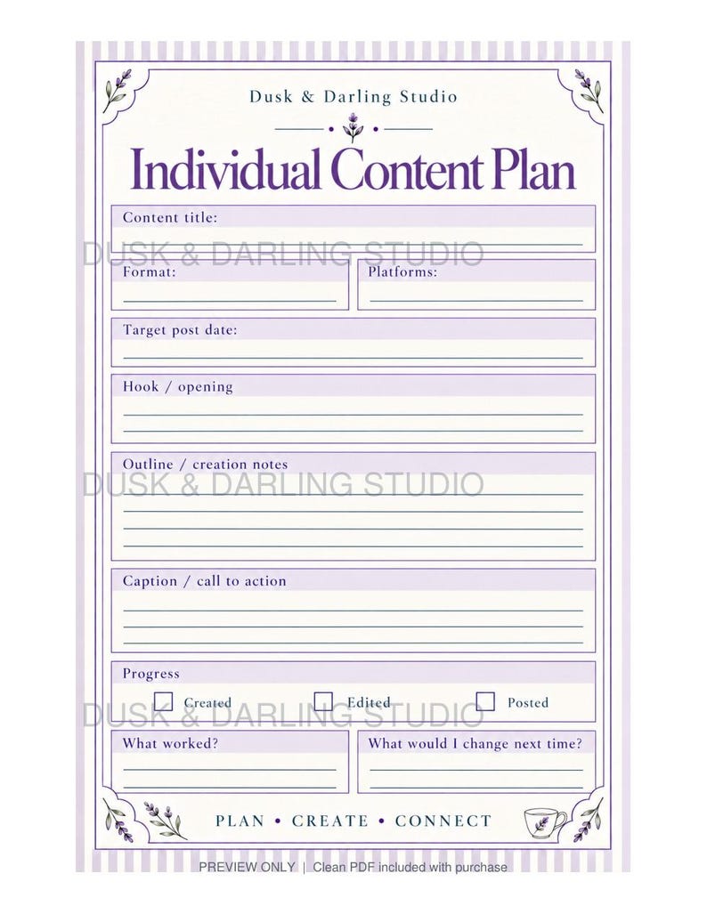 Lavender Content Creator Planner PDF | Undated Social Media Calendar ...