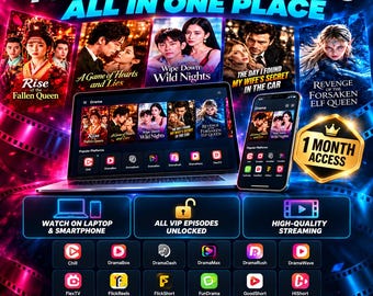 Puede incluir: Un anuncio de servicio de streaming digital con un portátil y un smartphone mostrando carteles de dramas. El texto incluye YOUR FAVORITE DRAMAS ALL IN ONE PLACE, 1 MONTH ACCESS y varios logotipos de plataformas como Chill y DramaBox.