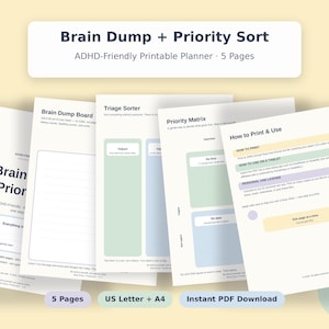 Könnte beinhalten: Ein fünfseitiges, ADHS-freundliches, druckbares Planer-Set mit Brain Dump Board, Triage Sorter, Prioritätsmatrix und einer Anleitung zur Verwendung. Die Dokumente enthalten pastellfarbene Abschnitte, strukturierte Textfelder und klare Überschriften.