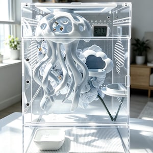 May include: A clear acrylic terrarium enclosure featuring a white 3D-printed jellyfish sculpture, artificial blue flowers, a small white feeding dish, and a digital thermometer displaying 27.7 degrees Celsius inside the habitat.