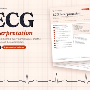May include: A seven-page ECG Interpretation study guide by TheMedMindset featuring a 10-step method, normal values, and rhythm strips. The document includes text on ECG paper basics, heart blocks, bundle branch blocks, and cardiac patterns.