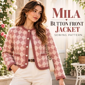 May include: A long-sleeved jacket featuring a pink and light pink diamond argyle pattern, a round neckline, and a button-front closure with white pearl-like buttons. The text Mila Button Front Jacket Sewing Pattern is visible.