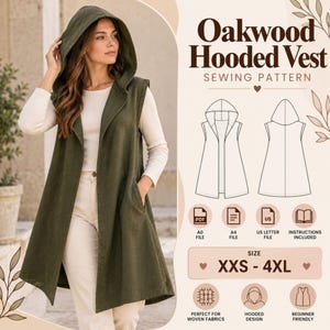 May include: An olive green sleeveless hooded vest with an open front and side pockets. The text reads Oakwood Hooded Vest Sewing Pattern, with size range XXS-4XL, and icons for PDF, A0, A4, and US Letter files, plus instructions.