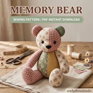 Nähvorlage „Erinnerungsbär“ (PDF): 10 Größen, Patchwork-Teddybär, A4 & US Letter