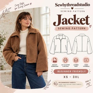 May include: A sewing pattern for a jacket by Sewbythreadstudio. The image displays a brown jacket with a collar and long sleeves, alongside a technical line drawing showing front and back views. Text includes "Jacket," "Beginner Friendly," and "XS - 3XL."