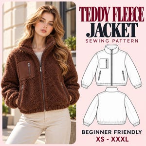 Teddy Fleece Jacket Sewing Pattern PDF, Sherpa Jacket Pattern, Zip Up Fleece Jacket, Women’s Jacket XS-XXXL