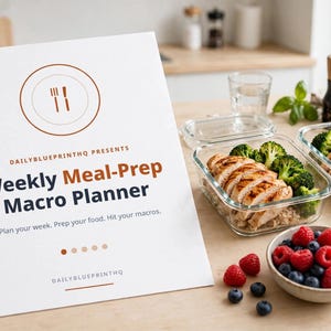 May include: A white paper sign titled Weekly Meal-Prep Macro Planner by DAILYBLUEPRINTHQ, featuring a plate icon, text, and five dots. Beside it are two glass containers with grilled chicken, broccoli, and brown rice, plus a bowl of berries.