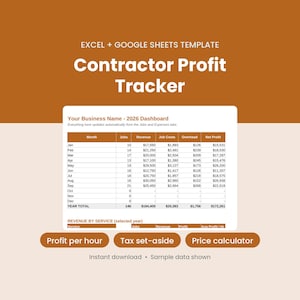 Könnte beinhalten: Eine Excel- und Google Sheets-Vorlage mit dem Titel Contractor Profit Tracker. Das Dashboard zeigt eine Geschäftstabelle für 2026 mit Spalten für Aufträge, Umsatz, Kosten, Gemeinkosten und Nettogewinn sowie Schaltflächen für Gewinn pro Stunde und Steuer.
