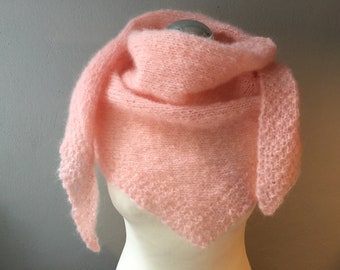 Delicate pink mohair scarf, triangle scarf, knitted, hand-knitted, scarf, shawl, stole, ladies, girls