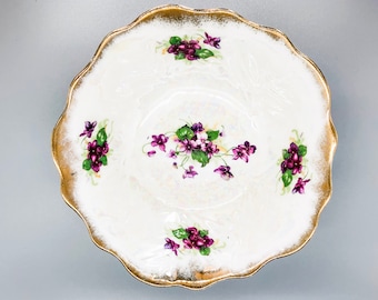 Vintage Bowl/Candy Dish with Floral Violets, Iridescence, and Gold Trim