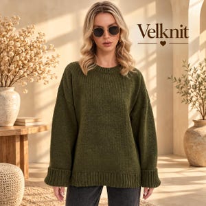 Pull d'automne pour femme, coupe ample, col rond, manches longues, maille épaisse, couleur unie, vert militaire décontracté