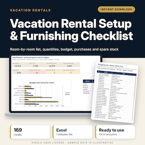 Checklist voor de inrichting van een vakantiewoning: 169-delige meubellijst, budgettracker (Excel-sjabloon)