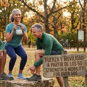 Puede incluir: Tres personas con camisas verdes de manga larga y pantalones cortos deportivos hacen ejercicio al aire libre. Una persona sostiene una pesa rusa gris mientras hace sentadillas. Un letrero de madera muestra: FUERZA Y MOVILIDAD A PARTIR DE LOS 50.