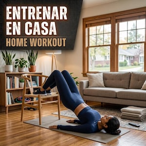 Puede incluir: Una persona con camiseta de manga larga y leggings azul marino realiza un ejercicio de puente sobre una esterilla gris, usando una silla de madera. El texto "ENTRENAR EN CASA" y "HOME WORKOUT" aparece en la esquina superior izquierda.