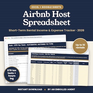 Könnte beinhalten: Eine digitale Tabellenkalkulationsvorlage für Excel und Google Sheets mit dem Titel Airbnb Host Spreadsheet Short-Term Rental Income & Expense Tracker 2026. Sie enthält Datentabellen zur Verwaltung von bis zu 10 Mietobjekten und Steuern.