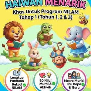 以下が含まれることがあります： 20 CERITA HAIWAN MENARIKというタイトルのブックカバー。ライオン、カメ、ウサギ、サル、ゾウ、ハチなどの漫画の動物が本を読んでいる様子が描かれています。NILAMプログラム、道徳的価値観、生徒向けの対象読者に関するテキストが含まれています。