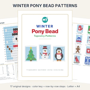May include: A collection of Winter Pony Bead Tapestry Patterns featuring 17 original designs. The pages display grid-based charts for creating beaded images of a Christmas tree, snowman, and penguin, including a color key and row-by-row steps.