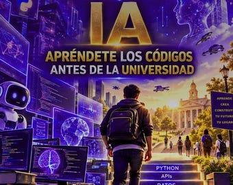 May include: A book cover titled Secretos de la IA featuring a student walking up stairs toward a university building. The scene includes digital screens with code, a robot, and text listing topics like Python, APIs, and data, with the author name Kennidy Andeliz.