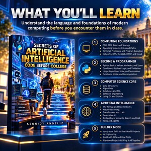 May include: A book titled Secrets of Artificial Intelligence Code Before College by Kennidy Andeliz. The cover shows a person walking up stairs towards a building. The right side lists five learning modules including Computing Foundations and AI.