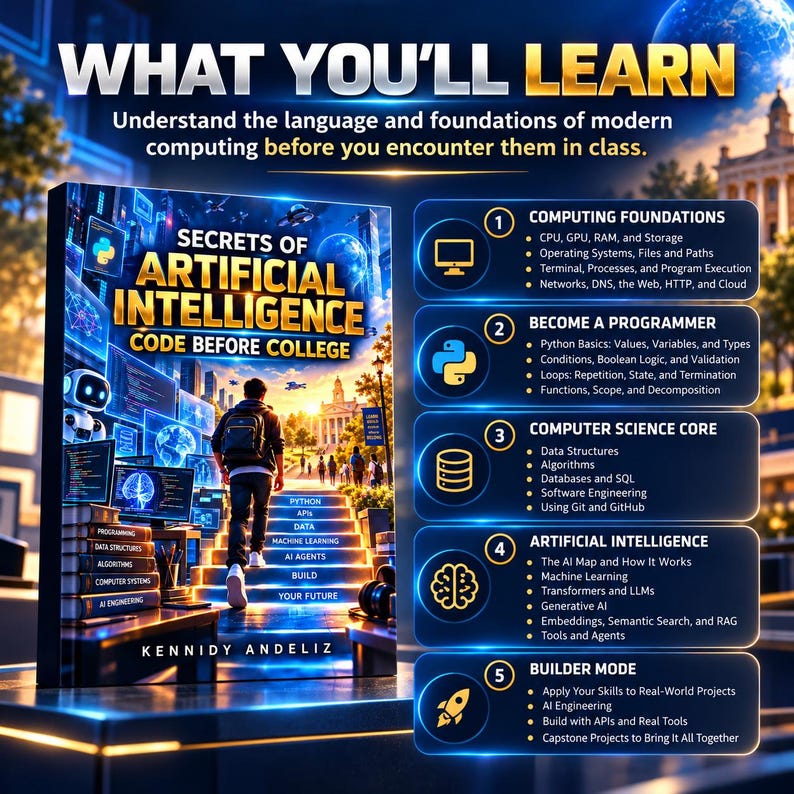 May include: A book titled Secrets of Artificial Intelligence Code Before College by Kennidy Andeliz. The cover shows a person walking up stairs towards a building. The right side lists five learning modules including Computing Foundations and AI.