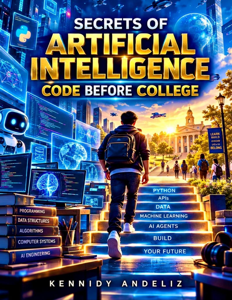 May include: Book cover titled Secrets of Artificial Intelligence Code Before College by Kennidy Andeliz. It shows a person walking up stairs towards a campus, surrounded by digital screens, code, and a robot, with text listing topics like Python and AI.