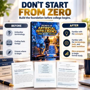 May include: A book titled Secrets of Artificial Intelligence Code Before College by Kennidy Andeliz, displayed with informational graphics comparing before and after states, alongside open book pages and stacked textbooks.