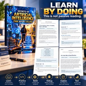 May include: A book titled Secrets of Artificial Intelligence Code Before College by Kennidy Andeliz, featuring a cover with a person walking toward a glowing building, alongside open pages showing technical exercises and a black pen.