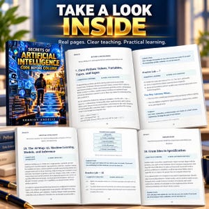 May include: A book titled Secrets of Artificial Intelligence Code Before College by Kennidy Andeliz, displayed with its cover and several open pages showing technical text, programming exercises, and educational content about Python and AI.