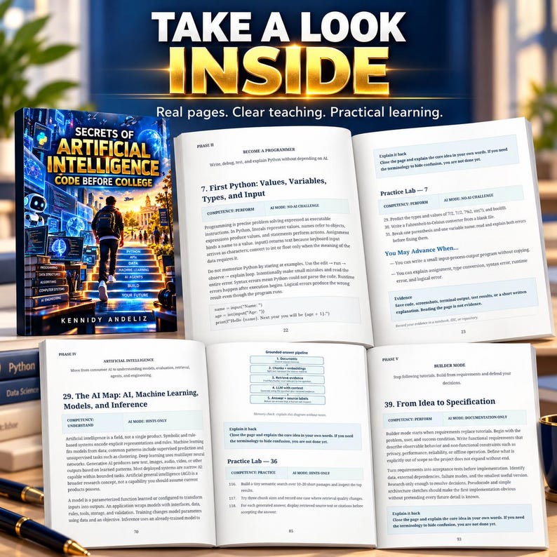 May include: A book titled Secrets of Artificial Intelligence Code Before College by Kennidy Andeliz, displayed with its cover and several open pages showing technical text, programming exercises, and educational content about Python and AI.
