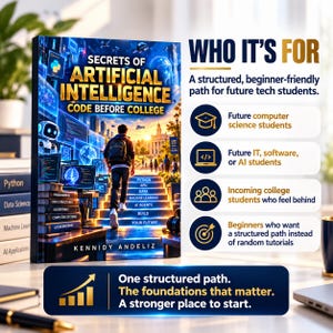 May include: A book titled Secrets of Artificial Intelligence Code Before College by Kennidy Andeliz. The cover features a person walking up glowing stairs towards a campus, surrounded by digital screens, code, and a robot. Text highlights the target audience and benefits.