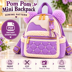 Pom Pom Mini Backpack Sewing Pattern PDF, Quilted Backpack Pattern with Sherpa Trim, Lavender Bag Pattern, Digital Download