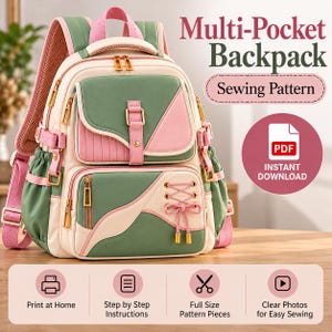 Multi-Pocket Backpack Sewing Pattern PDF, Color-Block DIY Backpack Pattern, Bag Making Pattern, Digital Download, A4, US Letter and A0