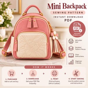 Patrón de costura en PDF para mini mochila, mochila pequeña con bolsillo frontal floral, patrón de mochila para hacer tú mismo, imprimible en formato A4 y carta estadounidense, descarga digital.
