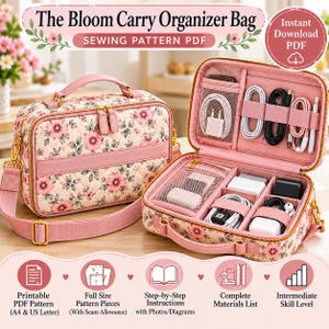 May include: The Bloom Carry Organizer Bag sewing pattern PDF features a quilted floral exterior with pink flowers on a cream background. The bag includes a top handle, shoulder strap, and an interior with mesh pockets and elastic loops.