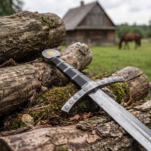 May include: A steel sword featuring a black grip, a crossguard decorated with small flower-shaped engravings, and a circular pommel with a central gold-coloured emblem, resting on a pile of rough, mossy wooden logs.