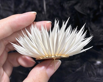 May include: A circular stud earring featuring a dense arrangement of pointed white feathers radiating outward from a central gold-toned metal base. The design includes a standard post backing for attachment, creating a spiky, fan-like appearance.