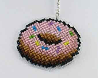 Strawberry Frosted Doughnut Cross Stitch Keychain