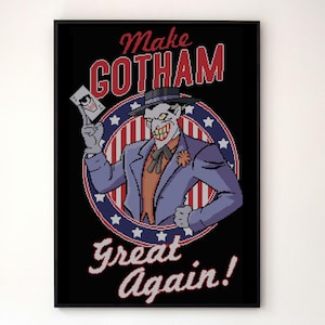 May include: A framed poster featuring a pixelated illustration of the Joker from Batman. The Joker is in a purple suit and holding a card. The poster reads "Make Gotham Great Again!" in red and white text.