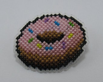 Strawberry Frosted Doughnut Cross Stitch Pin