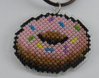 Strawberry Frosted Doughnut Cross Stitched Necklace