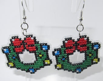 Christmas Wreath Cross Stitched Earrings