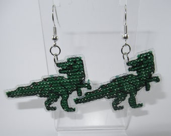 Green Dinosaur Cross Stitched Earrings