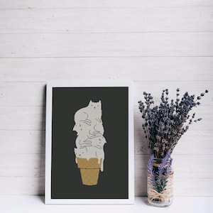 Puede incluir: Una ilustración en blanco y negro de una pila de gatos con forma de cono de helado. Los gatos están apilados uno encima del otro, con la cabeza del gato de arriba en la parte superior del cono. El cono es marrón y tiene un borde blanco.